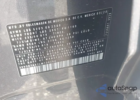 2020 Volkswagen Tiguan Se/Sel z USA, uszkodzony, nr VIN 3VV3B7AX2LM139254